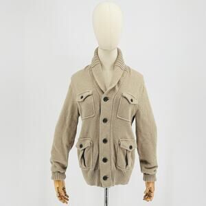 Heavy Beige Camel 100% Cotton 4 Pocket Shawl Collar Knit Cardigan Size S
